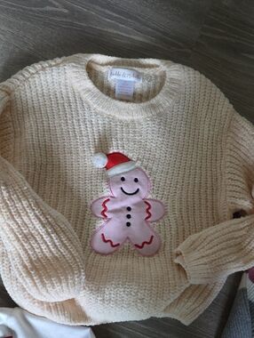 Cream Knit Sweater with Pink Gingerbread Appliqué